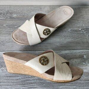 UGG Australia Lyra Women’s Beige Ran Cork Leather Comfort Wedge Sandals Size 7